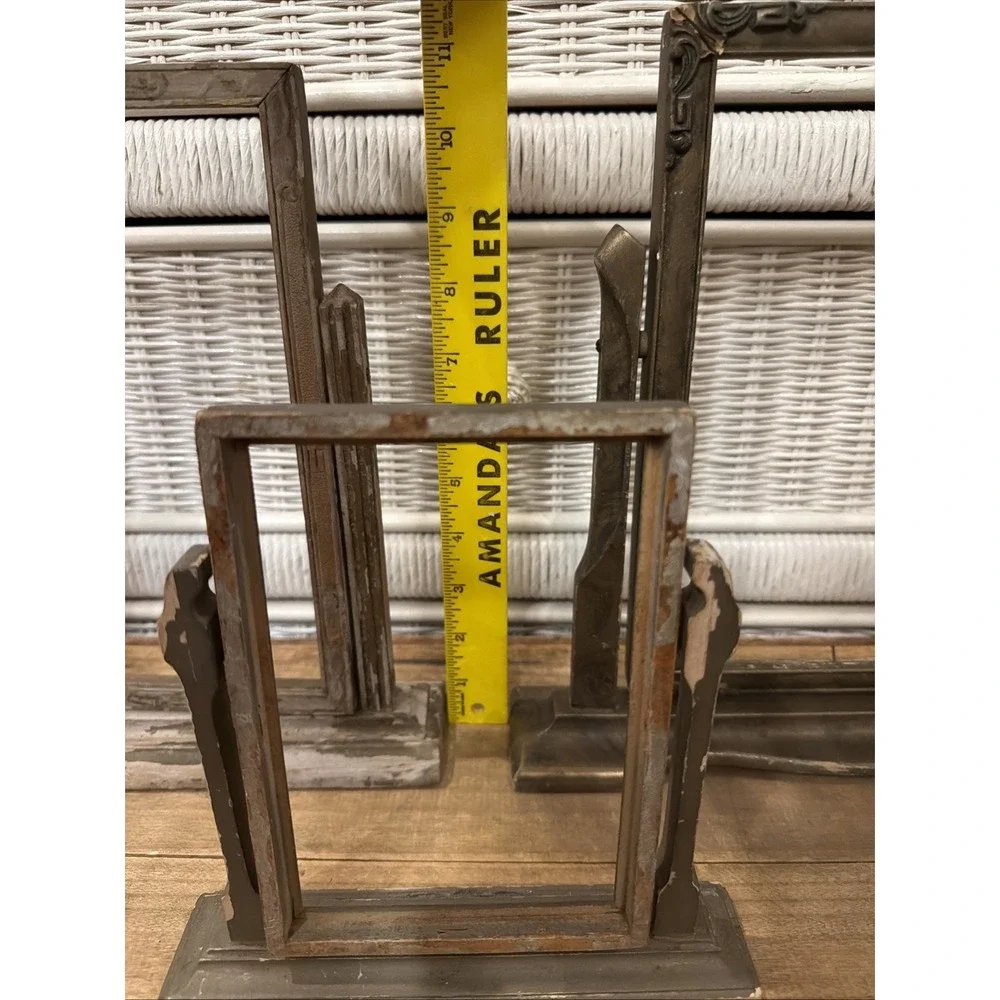 Vintage Antique Swivel Pedestal Picture Frame Set of 4 Distressed Metal Wood